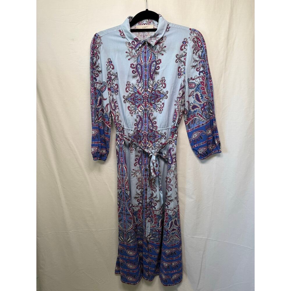 Loft Light Blue Paisley Floral Midi Shirt Dress, Size M - Excellent